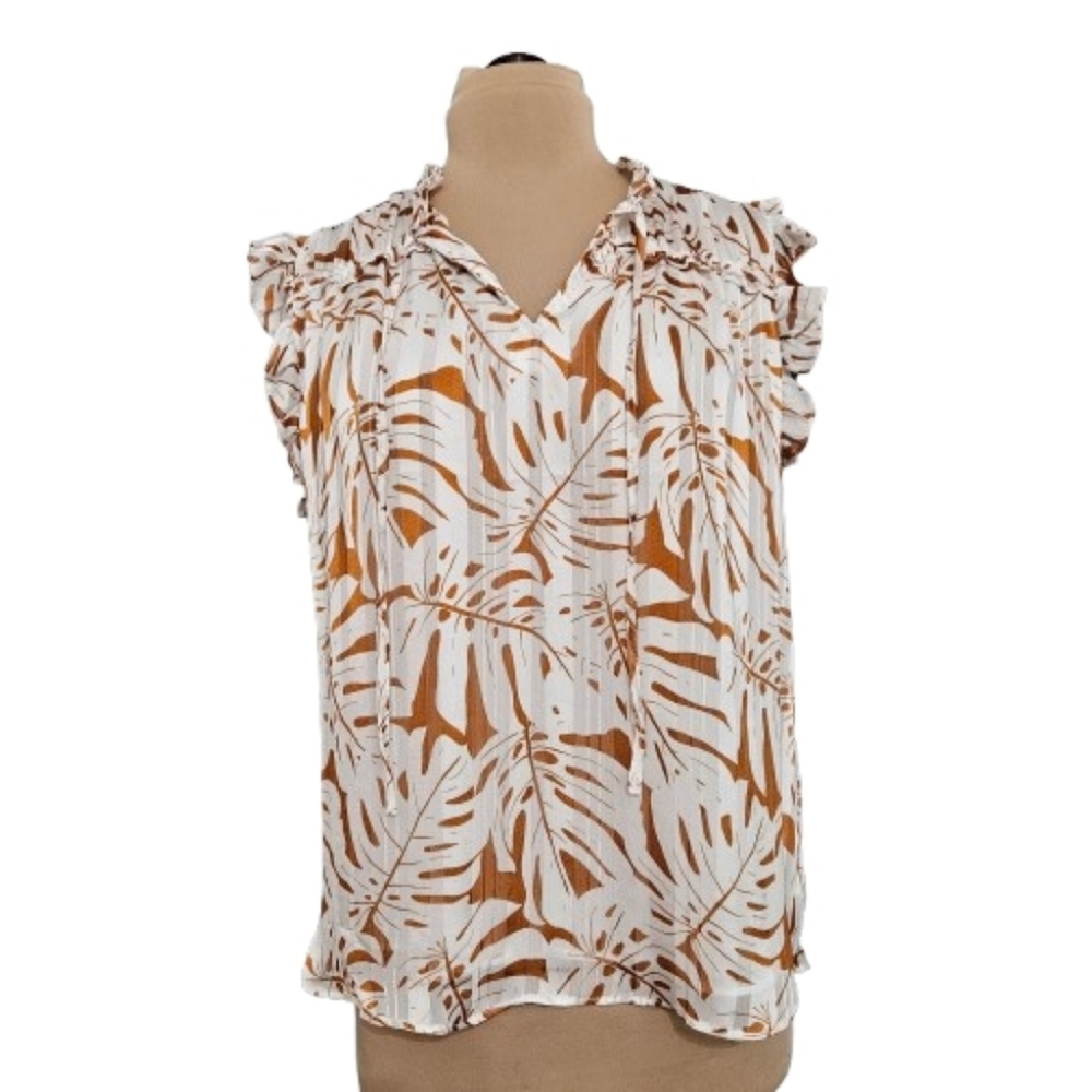 Rachel Roy Leaf Print Ruffle Sleeve Blouse White Tan Boho V Neck‎ Size L